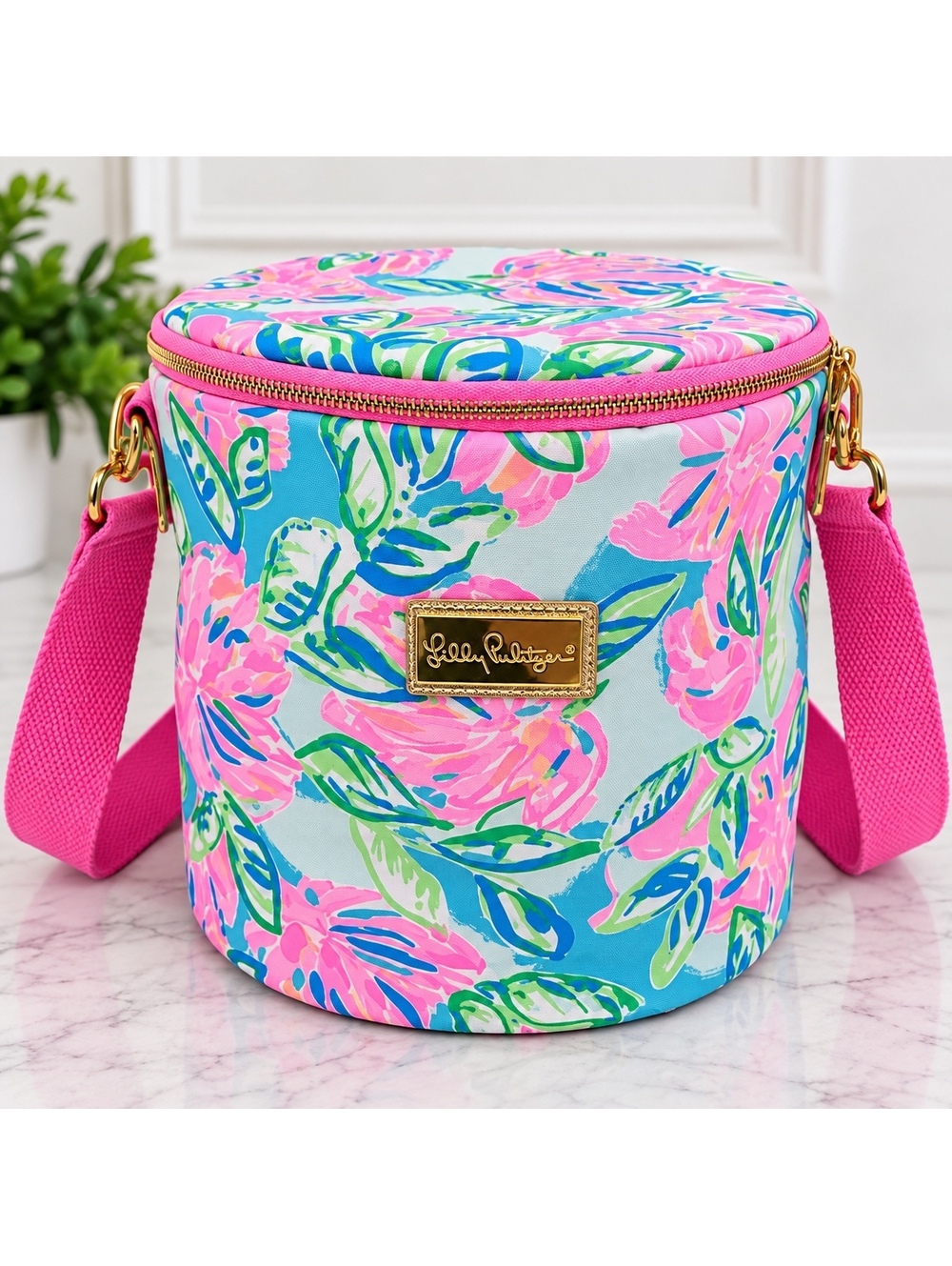 Lilly Pulitzer Floral Insulated Cooler Bag with Pink Adjustable Strap and Gold-T